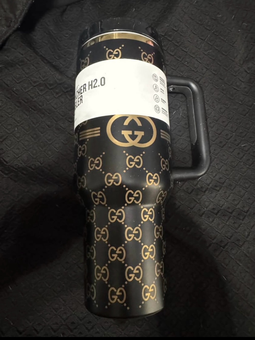 Gucci Black and Gold GG Insulated Stanley Travel Mug with Handle 40oz
